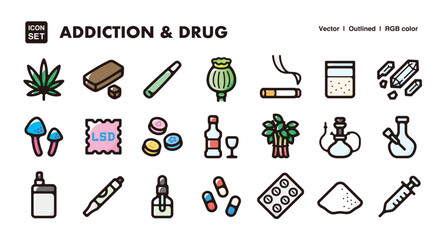 Addiction and drug illustration icon set.Simple vector outlines, clipart for graphic design.