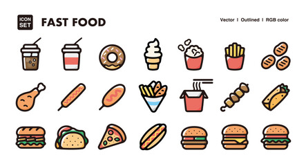 Fast food illustration icon set.Simple vector outlines, clipart for graphic design.