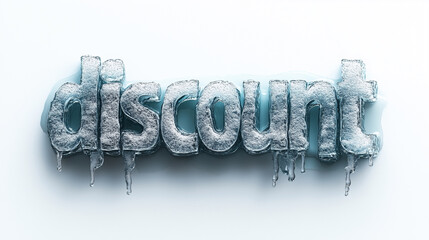 Bold ice letters spell out discount with a frosty appearance in a minimalist setting showcasing frozen text