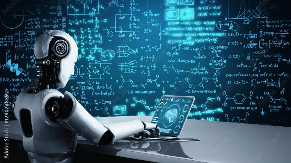 Poster robot hominoid use laptop and sit at table for engineering science studying using ai thinking brain 