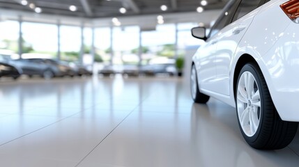White car parked in a modern showroom with blurred background showcasing other vehicles