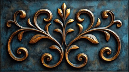 Ornate gold relief on teal metal surface