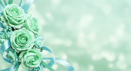 ミントグリーンのバラの花束とリボン