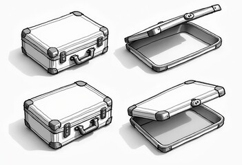Cute Open Handcase Product Sketches: These wireframe designs feature smooth, clean lines. White background views from front, side, and back for easy prototyping.

