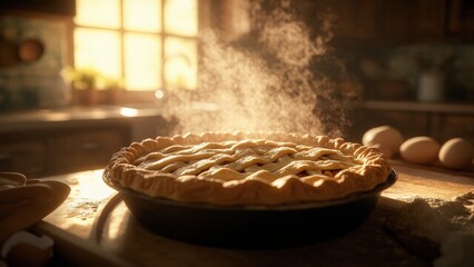 Golden Crust Delight: A freshly baked, steaming pie, exuding the warm, comforting aroma of home, sits center stage on a rustic kitchen table, with subtle light filtering through the window.