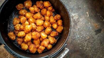 Crispy Golden Fried Snacks in a Deep Fryer on a Rustic Surface Perfect for Food Photography