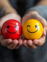 Hands hold happy faces, red and yellow