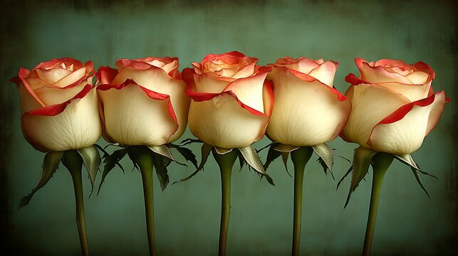 Vintage Roses in Row, Teal Background, Still Life