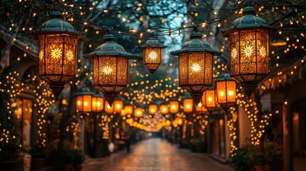 Ornate lanterns illuminate city street at night