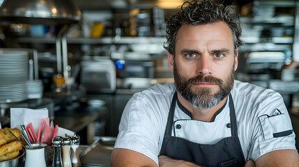 Serious chef portrait, restaurant kitchen, food prep