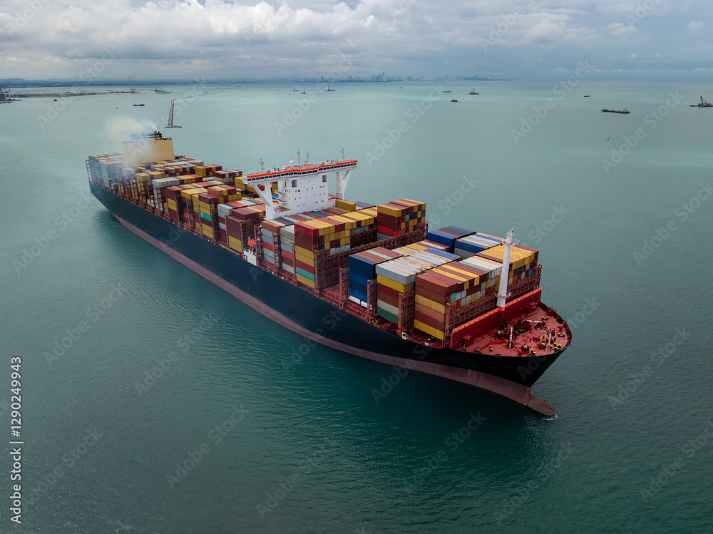 Sticker cargo logistic container ship sailing in sea import export goods and distributing products to dealer consumers across Asia pacific and worldwide. global business transportation by container ship, 