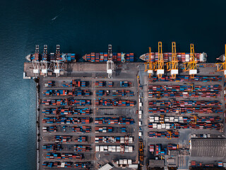 container ship and commercial port in deep sea load and unloading cargo from container ship import...