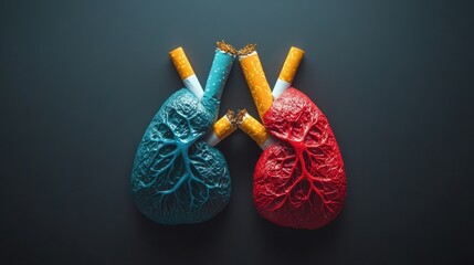 Broken cigarettes pierce model lungs. Illustrates the damaging effects of smoking on respiratory health.