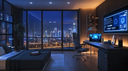 Futuristic Workspace Design with Multiple Monitors Displaying Data Visualizations, Holographic Interfaces, and Dim Ambient Lighting for a Tech-Savvy Environment