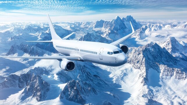 Scenic Aerial View of a Modern Airplane Flying Over Snow-Capped Mountain Peaks in a Clear Blue Sky