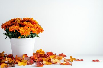 A fresh autumn-themed composition with a chrysanthemum flowerpot and scattered fall leaves on a white surface.