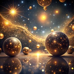 Golden Planets in a Cosmic Landscape, abstract background with stars