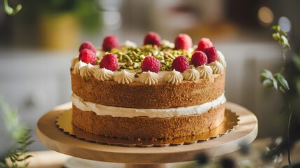 Elegant Rose Pistachio Cake on Golden Cake Board Gourmet Floral Dessert