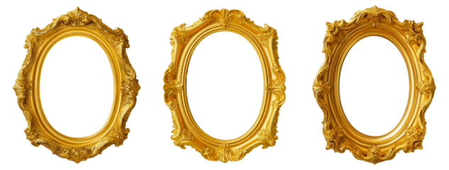Set of Ornate Oval Golden Frames with Vintage Baroque and Rococo Design, Antique Decorative Borders for Classic and Royal Artworks Isolated on Transparent Background