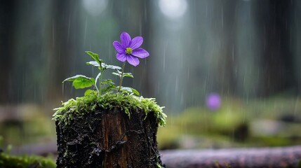 Purple flower growing on mossy tree stump in rain.
