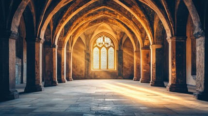 Fototapeta premium Serene Gothic Architecture Interior with Sunlight and Arched Ceiling