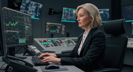 Professional Office Worker Using Desktop Computer in Control Room