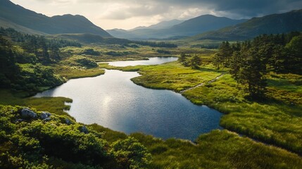 Serene mountain lake landscape.
