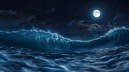 Moonlit Ocean Waves Night Sky Swirling Surf Blue Water Dramatic Light Reflection