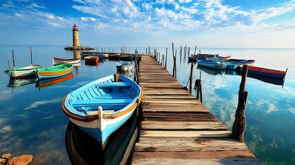 Colorful Boats Tranquil Waters Scenic Pier Lighthouse Reflection