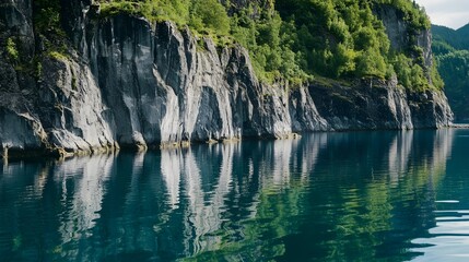 Stunning Rocky Cliffs Reflected Crystal Clear Water Lush Greenery Tranquil Nature Scenic Beauty