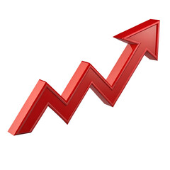 Red upward arrow graph with sharp angles, symbolizing growth and success, isolated on a transparent and white background - perfect for financial or business related concept