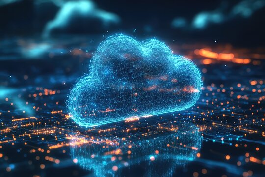A futuristic 3D rendering of cloud computing storage and accessibility.