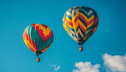 Obraz premium Colorful hot air balloons soar in clear blue sky