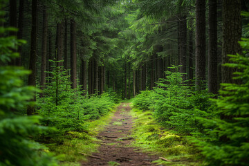 A path winds through a dense forest