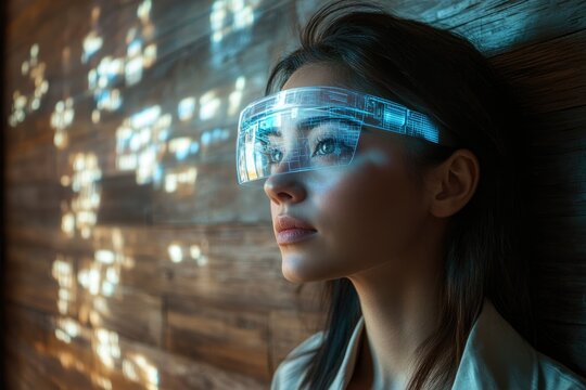 A woman wearing futuristic augmented reality glasses, experiencing immersive digital overlays on a wooden background.