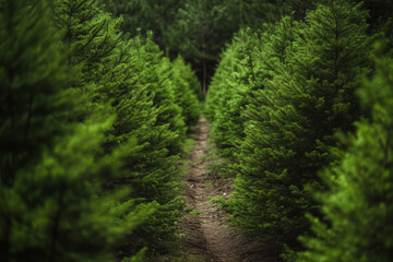 Obraz premium Lush Green Pathway Through a Dense Pine Tree Forest