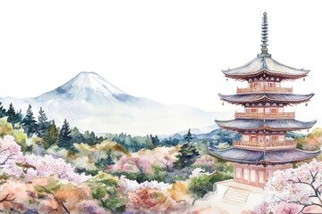 Fototapeta premium Pagoda architecture watercolor blossoms.