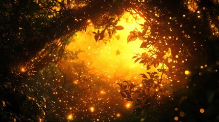 Naklejka premium Magical Forest with Glowing Light and Ethereal Particles at Dusk