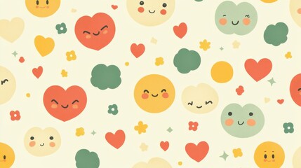Cute and Colorful Pattern with Happy Faces and Cheerful Elements