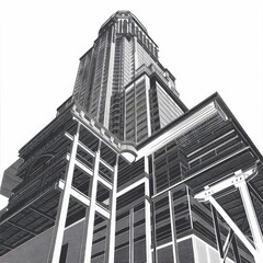 Fototapeta premium Skyscraper Blueprint Intricate Engraving Illustration