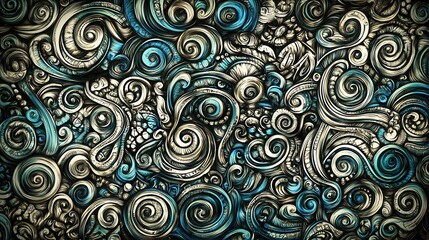 Intricate Design of Swirling Patterns in Blue and Gold Tones
