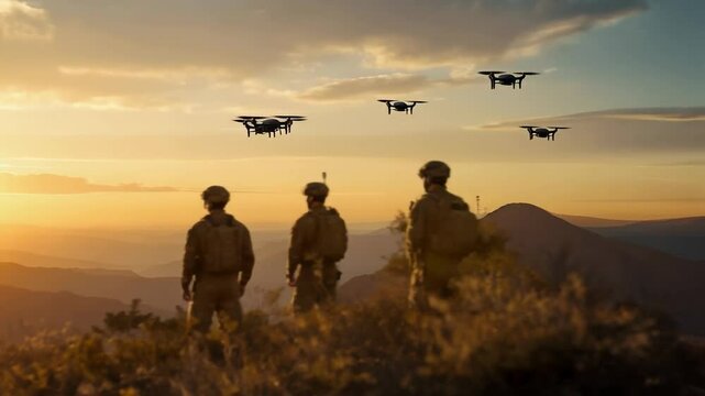 Soldiers Observe the Sunset While Drones Patrol the Sky in a Mountainous Landscape During a Training Exercise