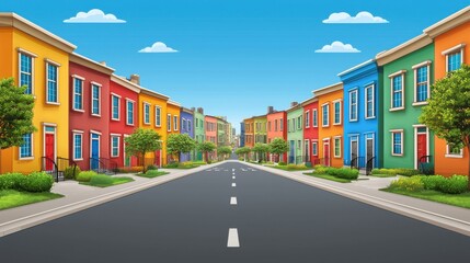 Colorful Row Houses Under Bright Blue Sky in Urban Neighborhood