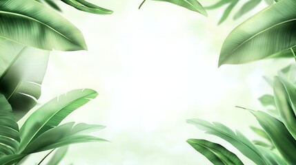 Lush Green Tropical Leaves Frame on Bright Background