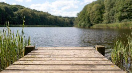 Tranquil lake view from wooden dock, summer day