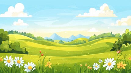 Fototapeta premium Serene Landscape with Rolling Green Hills and Colorful Flowers