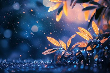 Evening rain, golden leaves, lush foliage, blurred bokeh background