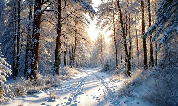 Winter forest path, sunlight through trees, snow-covered, tranquil, scenic, photo, landscape
