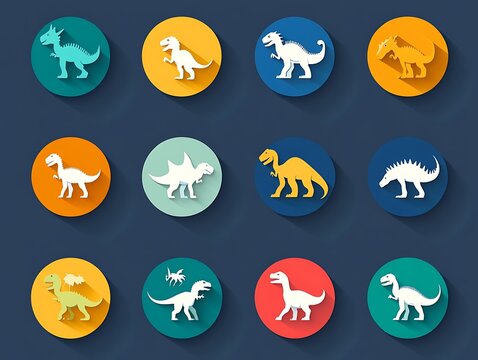 Colorful dinosaur icons on circles