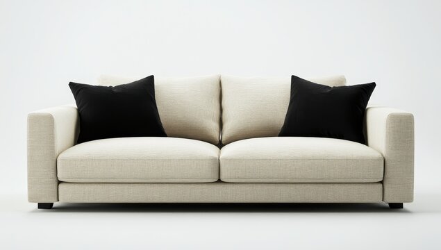 Modern beige sofa with black pillows in a bright studio